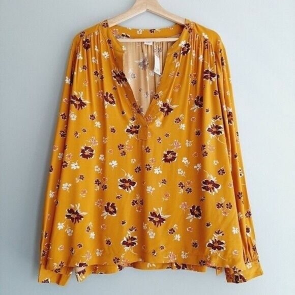 GAP Light Flowy Split V-neck Boho Blouse Yellow Floral Sz XXL - Picture 3 of 10